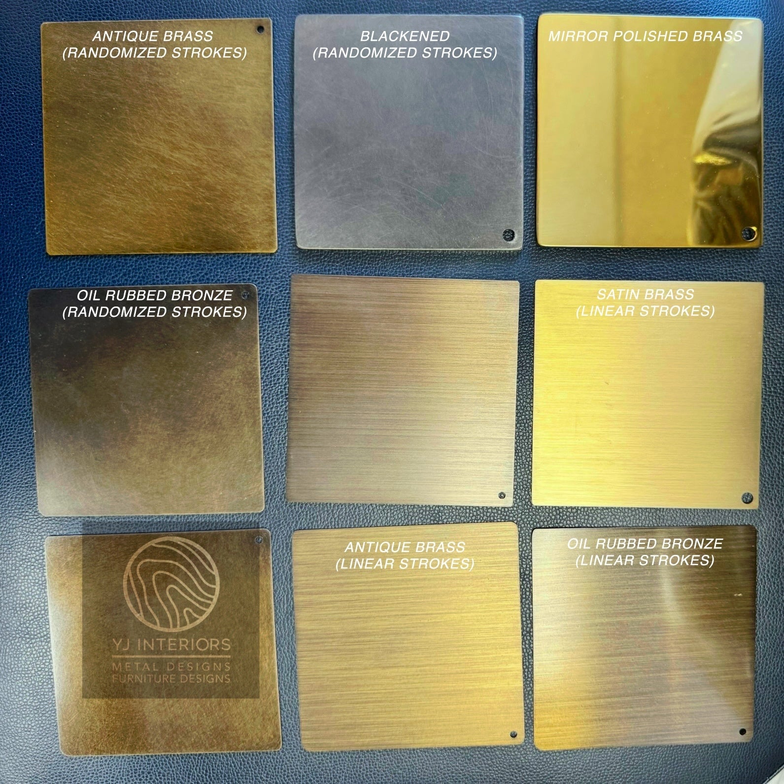 Collection of metal samples with different finishes on a blue background