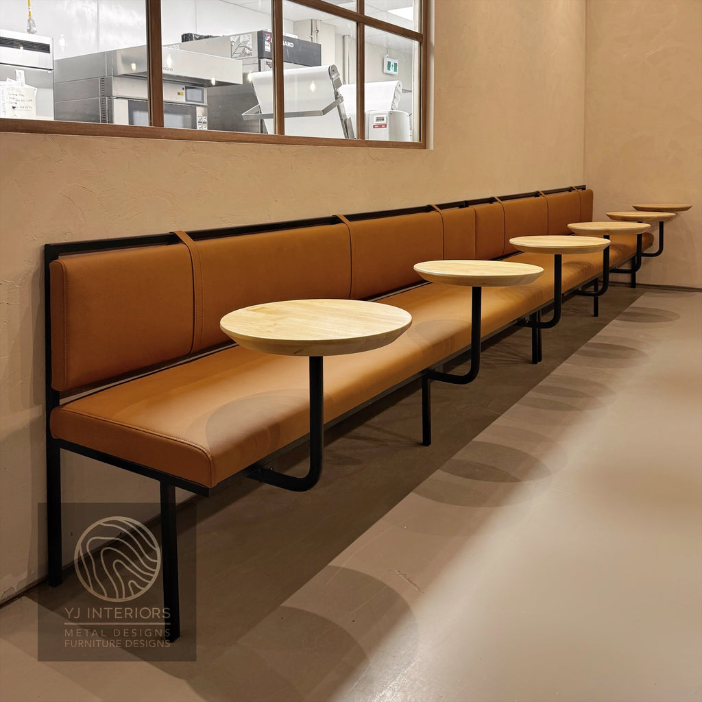 coffee shop bench round table metal frame.
