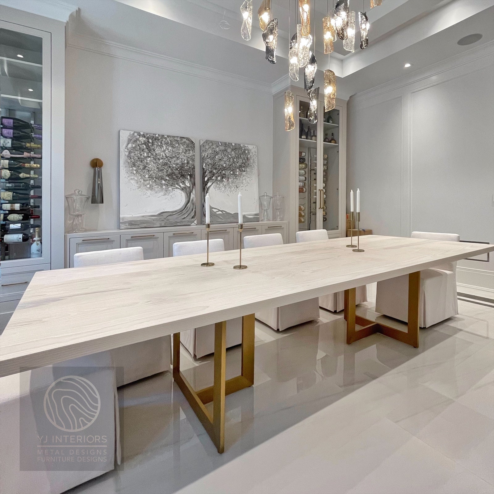 bleached oak brass RH linear table