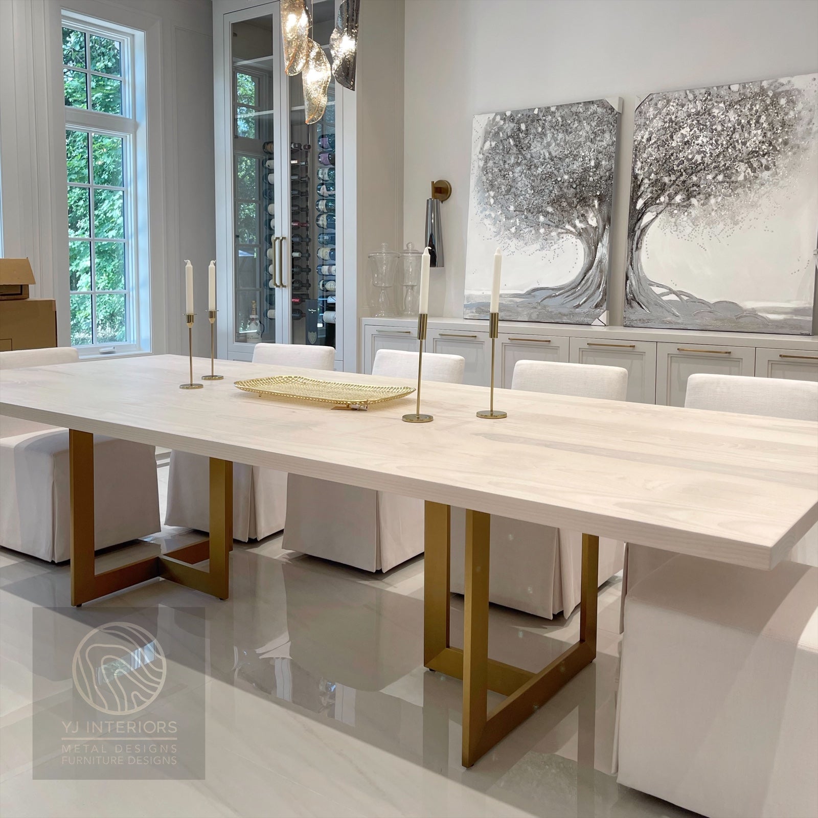 bleached oak brass RH linear table