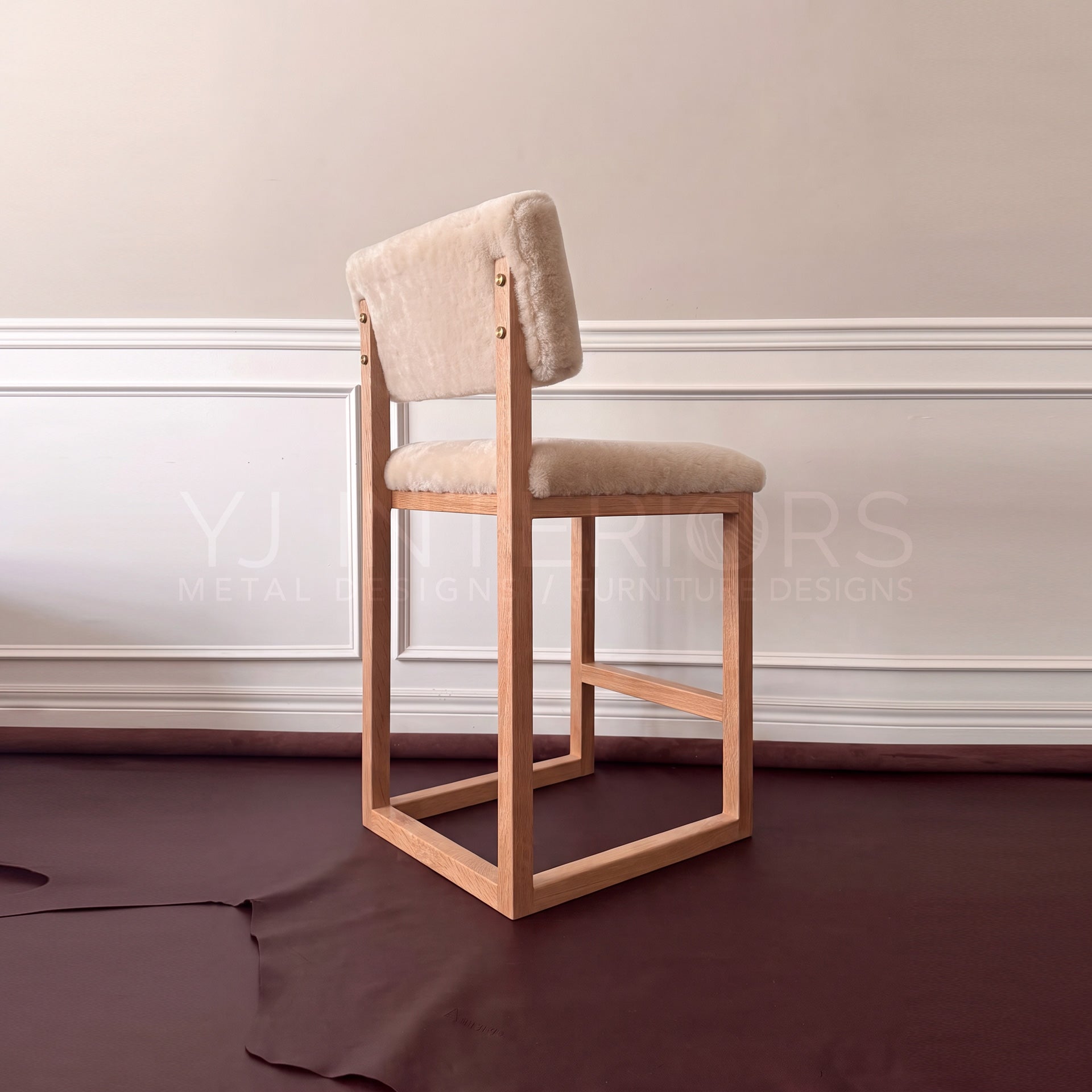 The Ren Upholstered Counter Stool (COL) - Sheepskin Shearling and Oak