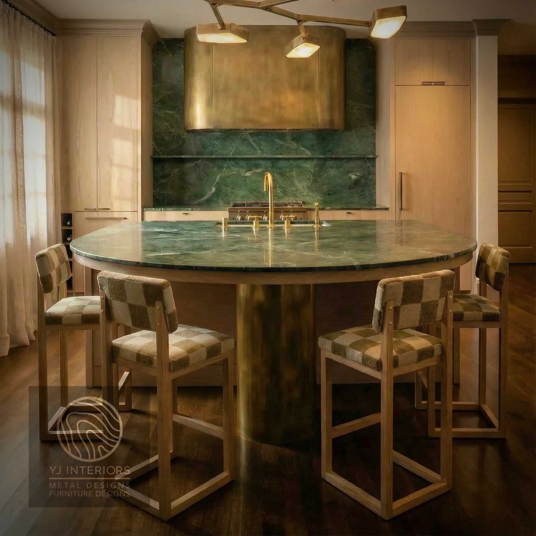 Modern kitchen with round island and sq upholstered counter stool, featuring an antique brass finish.