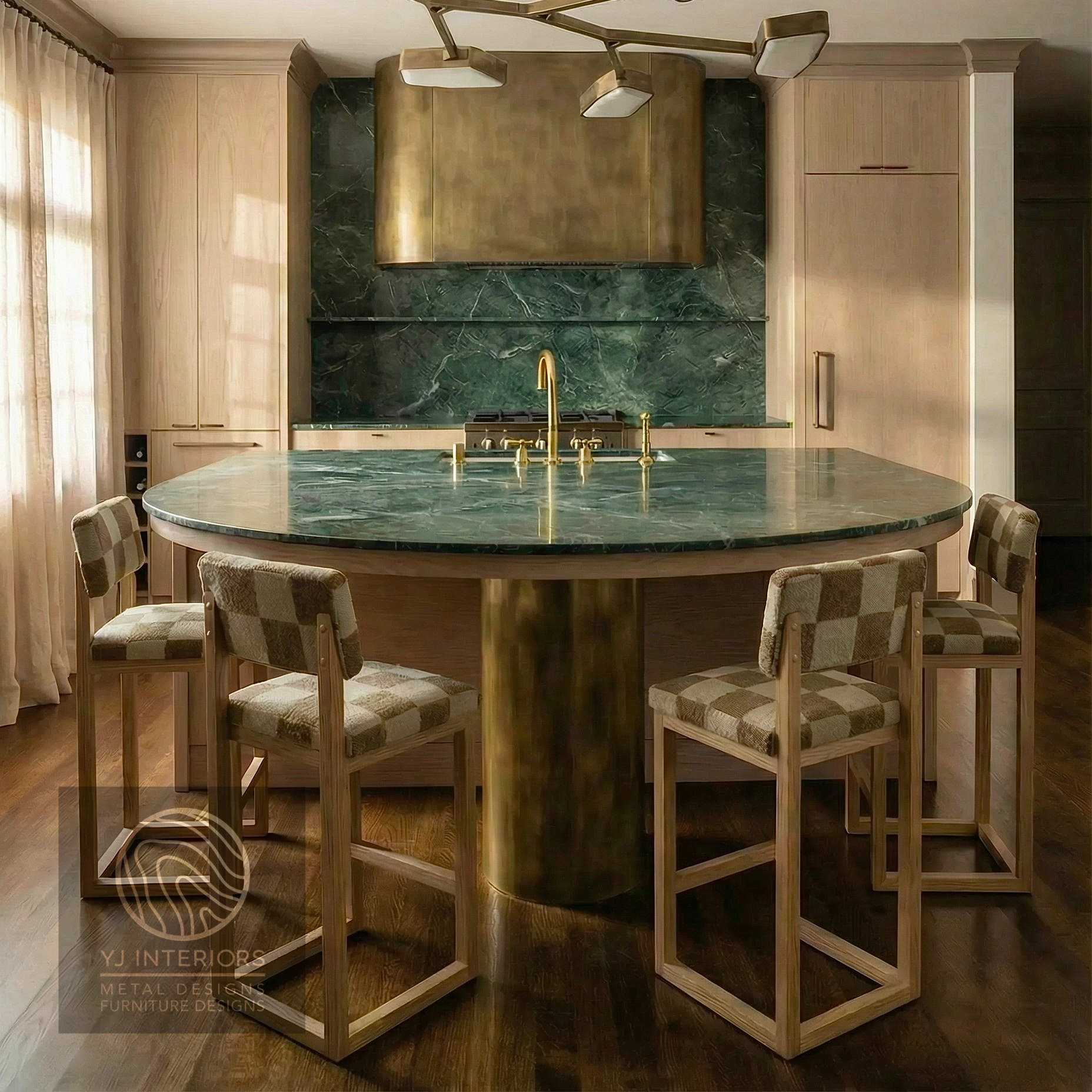 Modern kitchen with round island and sq upholstered counter stool, featuring an antique brass finish.