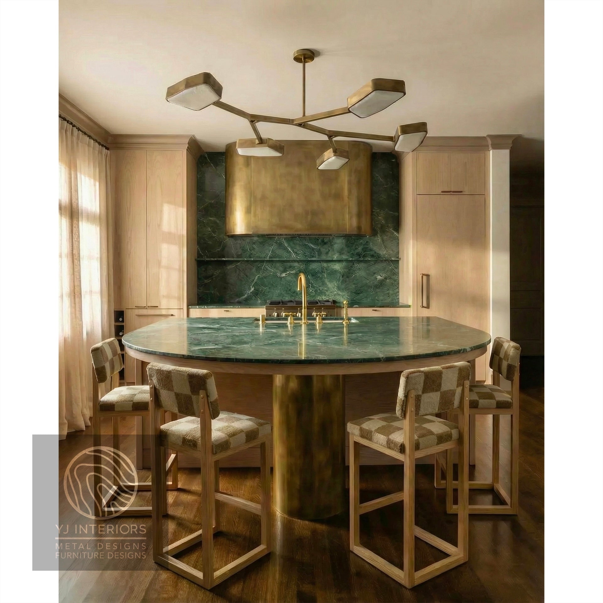 Modern kitchen with a round island and sq upholstered bar stools, featuring a marble backsplash and pendant light.
