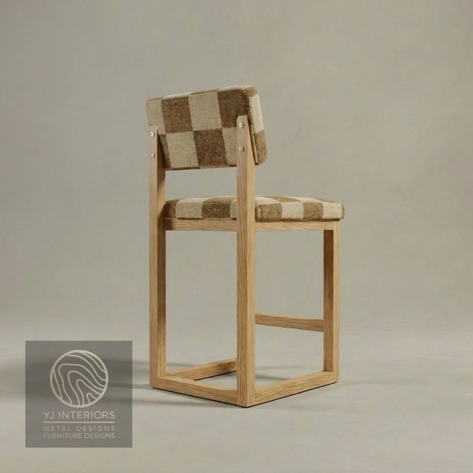 Wooden SQ upholstered counter bar stool with checkered cushion on a beige background, featuring YJ Interiors logo.