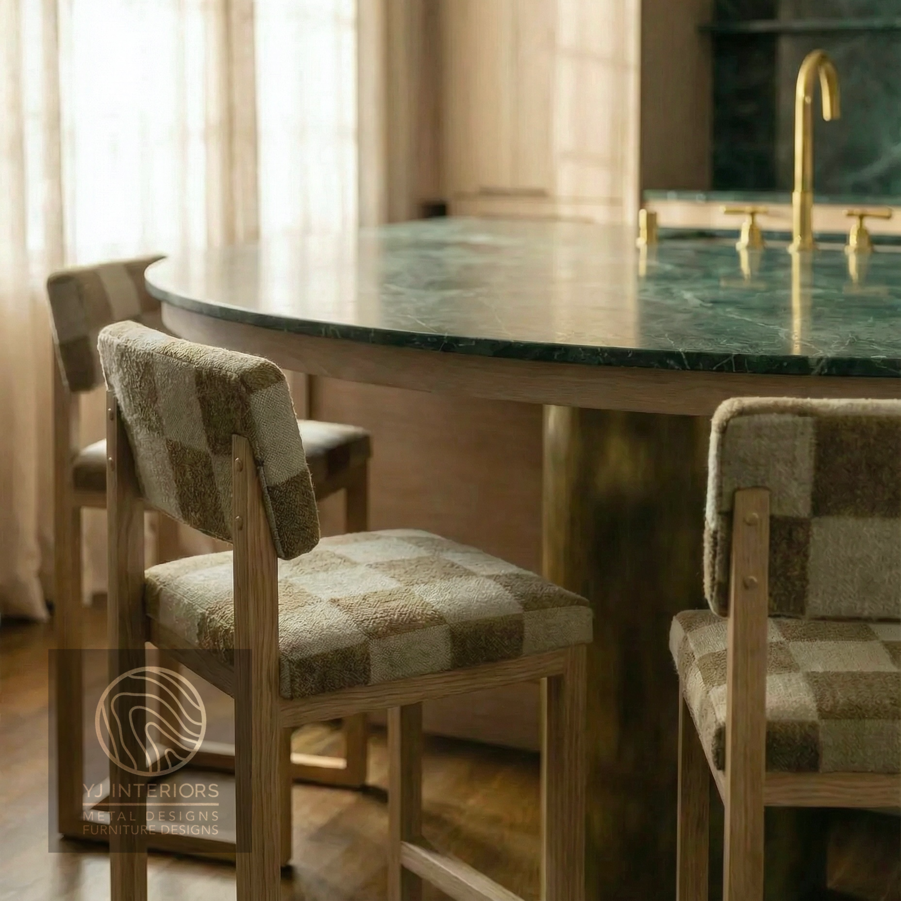 Modern kitchen with round island and sq upholstered counter stool, featuring an antique brass finish.