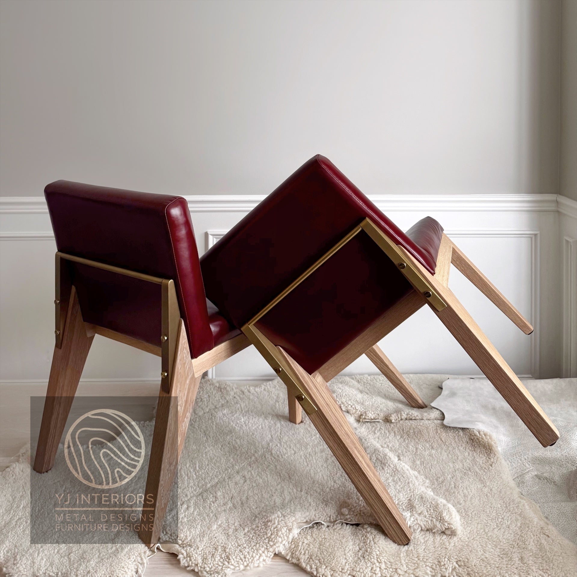 YJ Dining chair brass maroon burgundy red leather