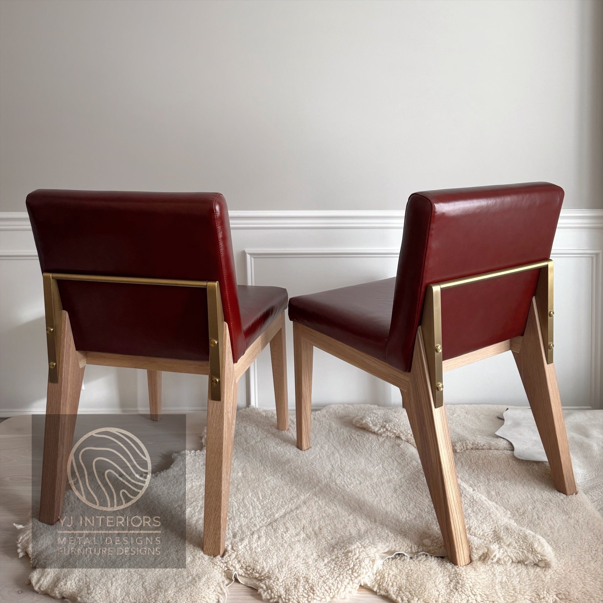 YJ Dining chair brass maroon burgundy red leather