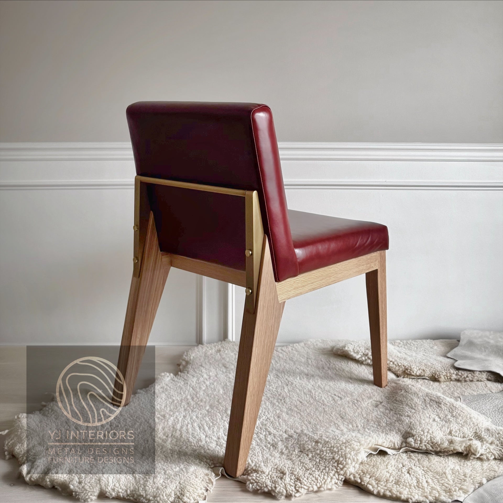 YJ Dining chair brass maroon burgundy red leather