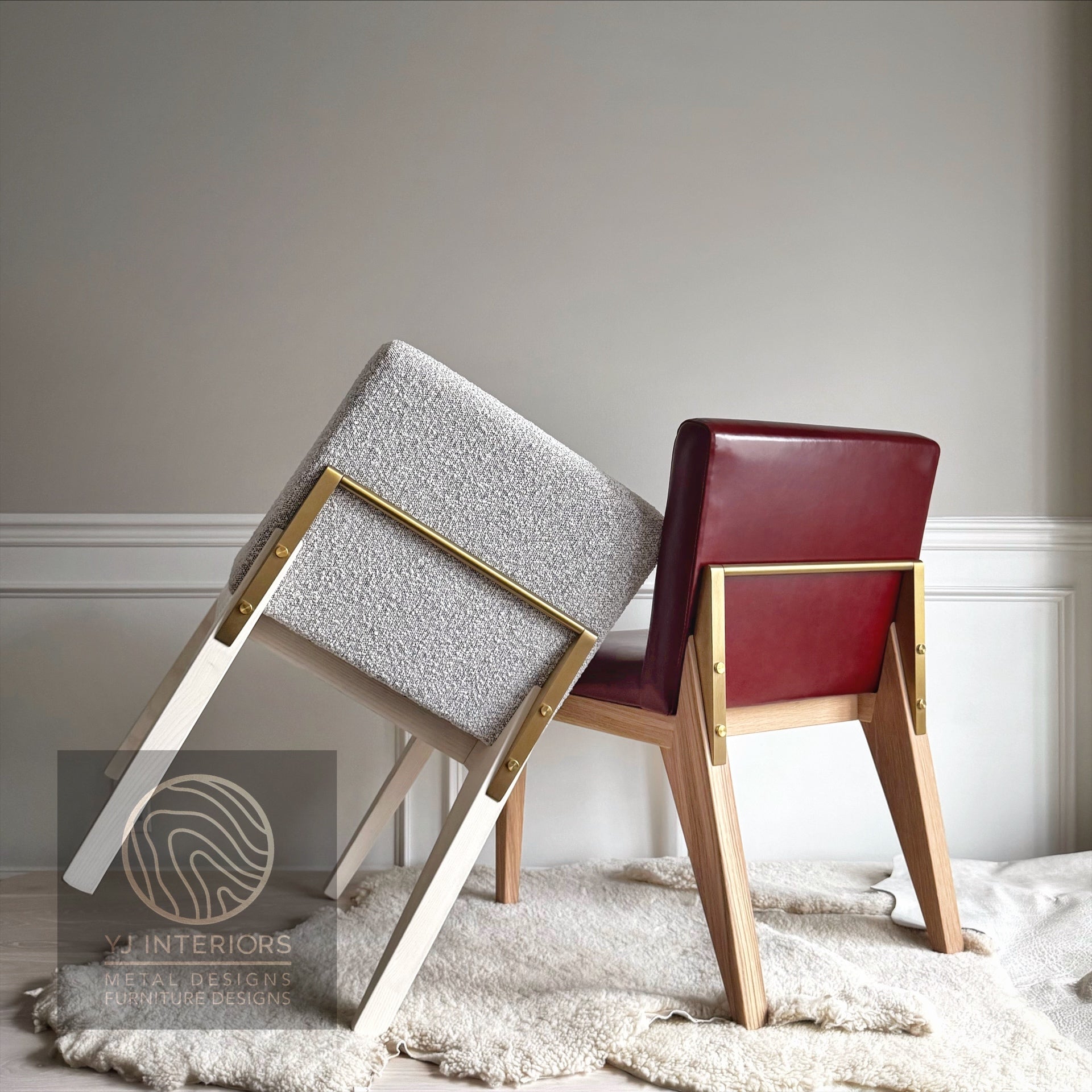 YJ Dining chair brass maroon burgundy red leather