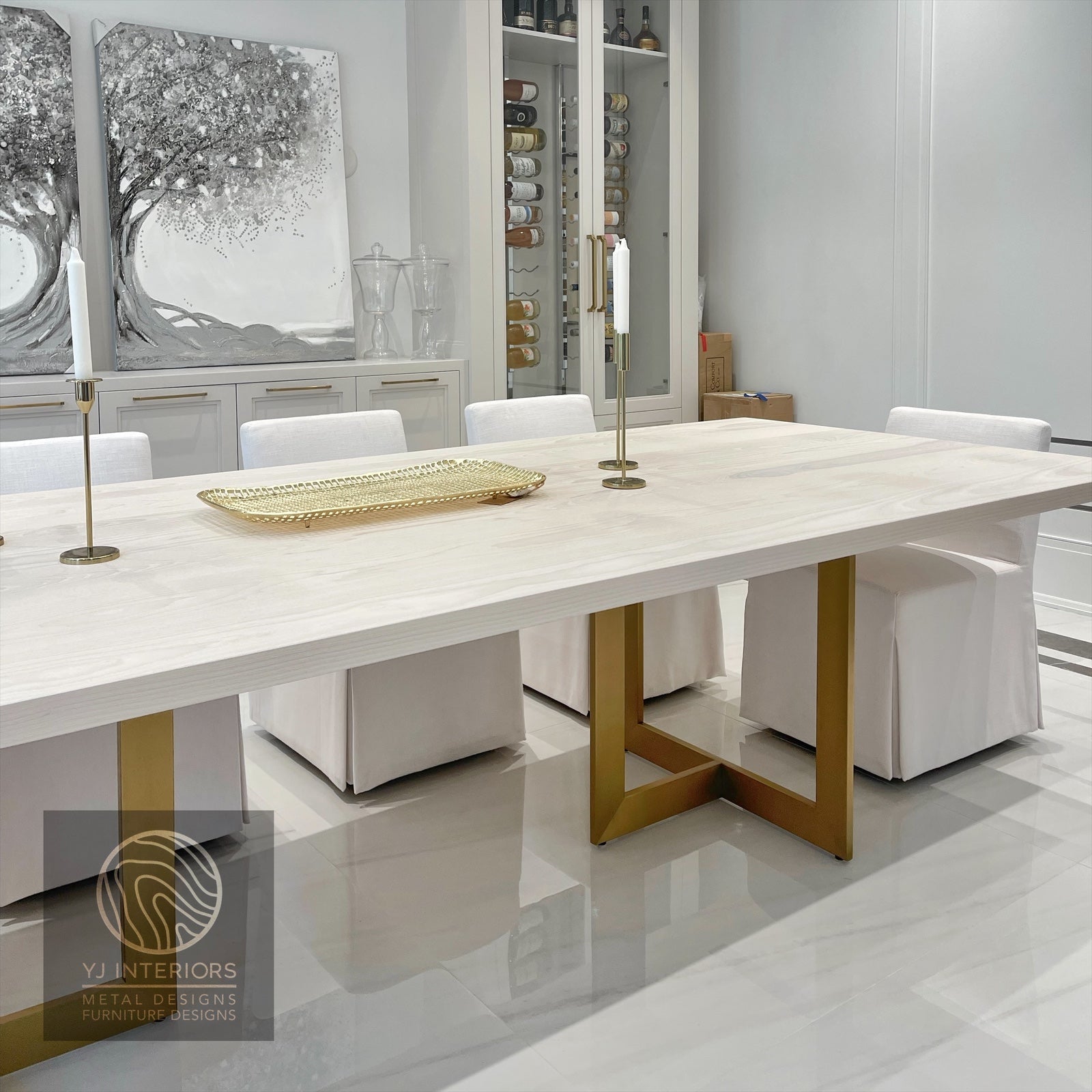 bleached oak brass RH linear table