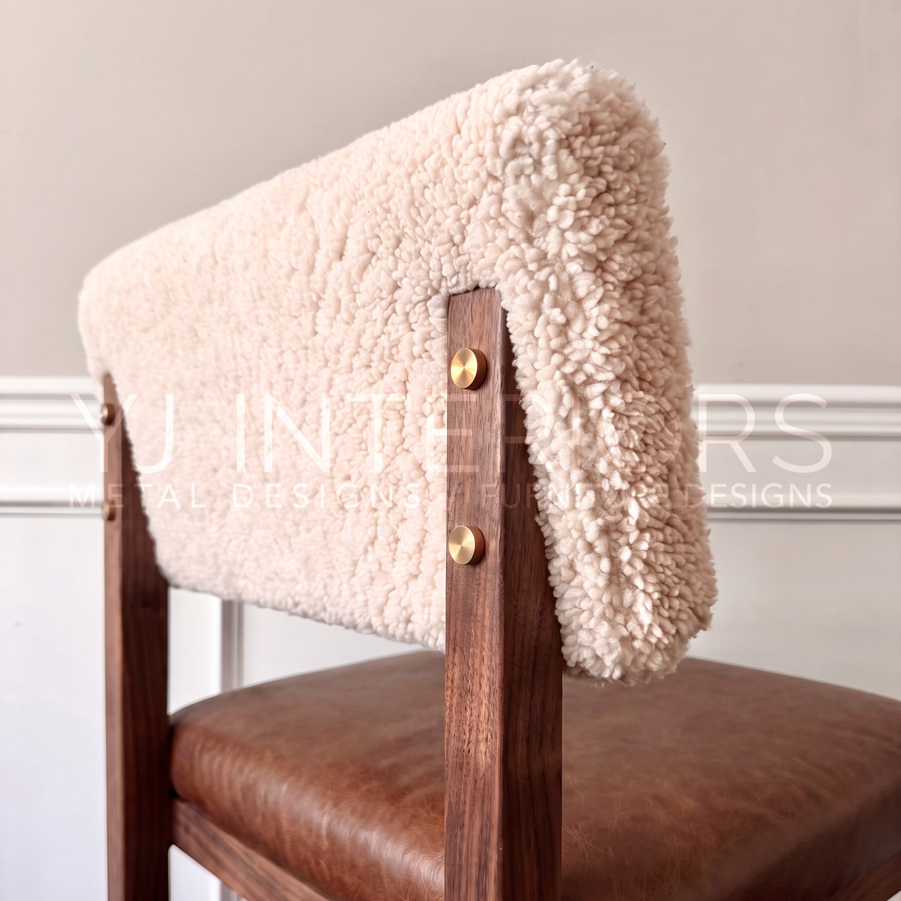 The Ren Upholstered Counter Stool (COL) - Sheepskin Shearling and Natural Walnut