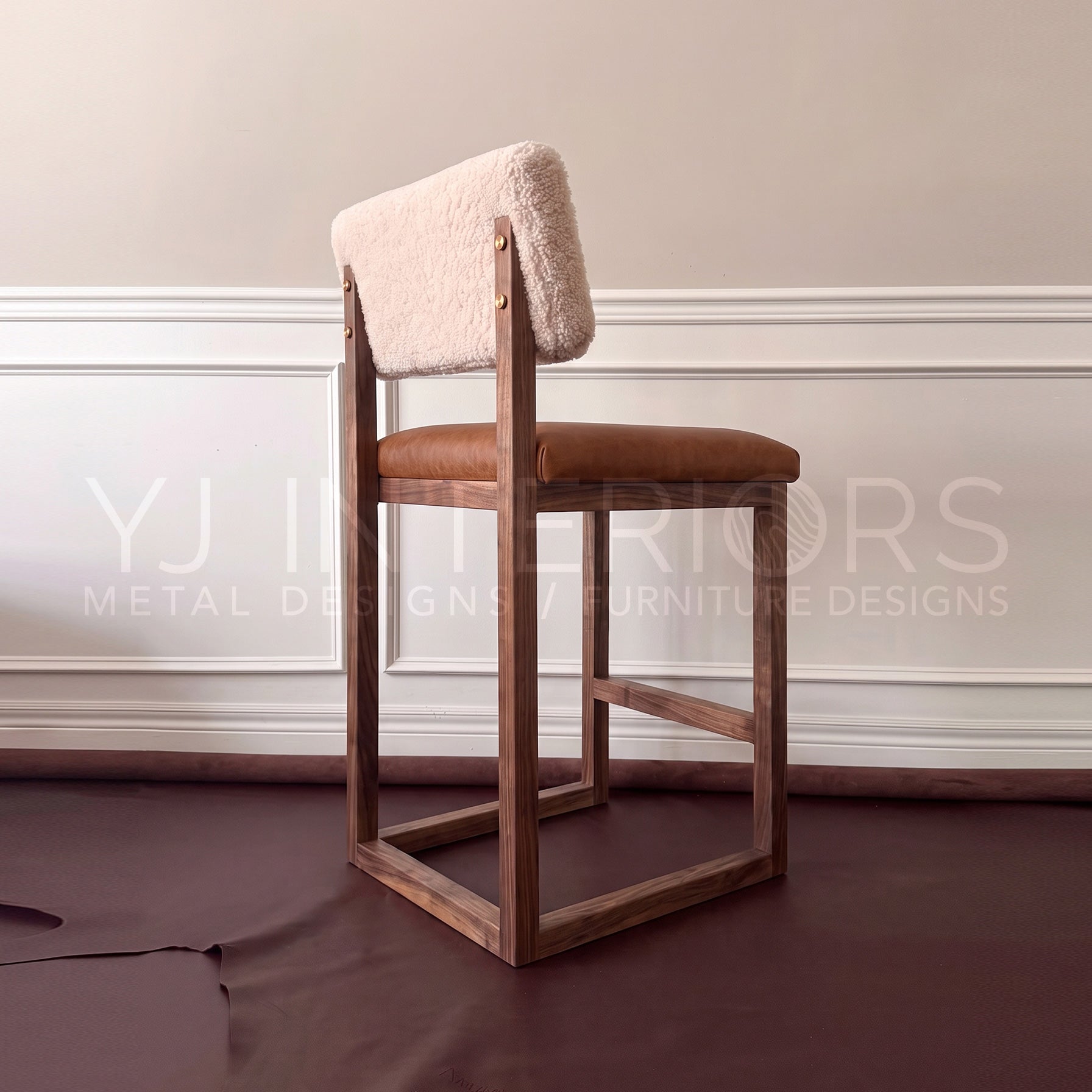 The Ren Upholstered Counter Stool (COL) - Sheepskin Shearling and Natural Walnut