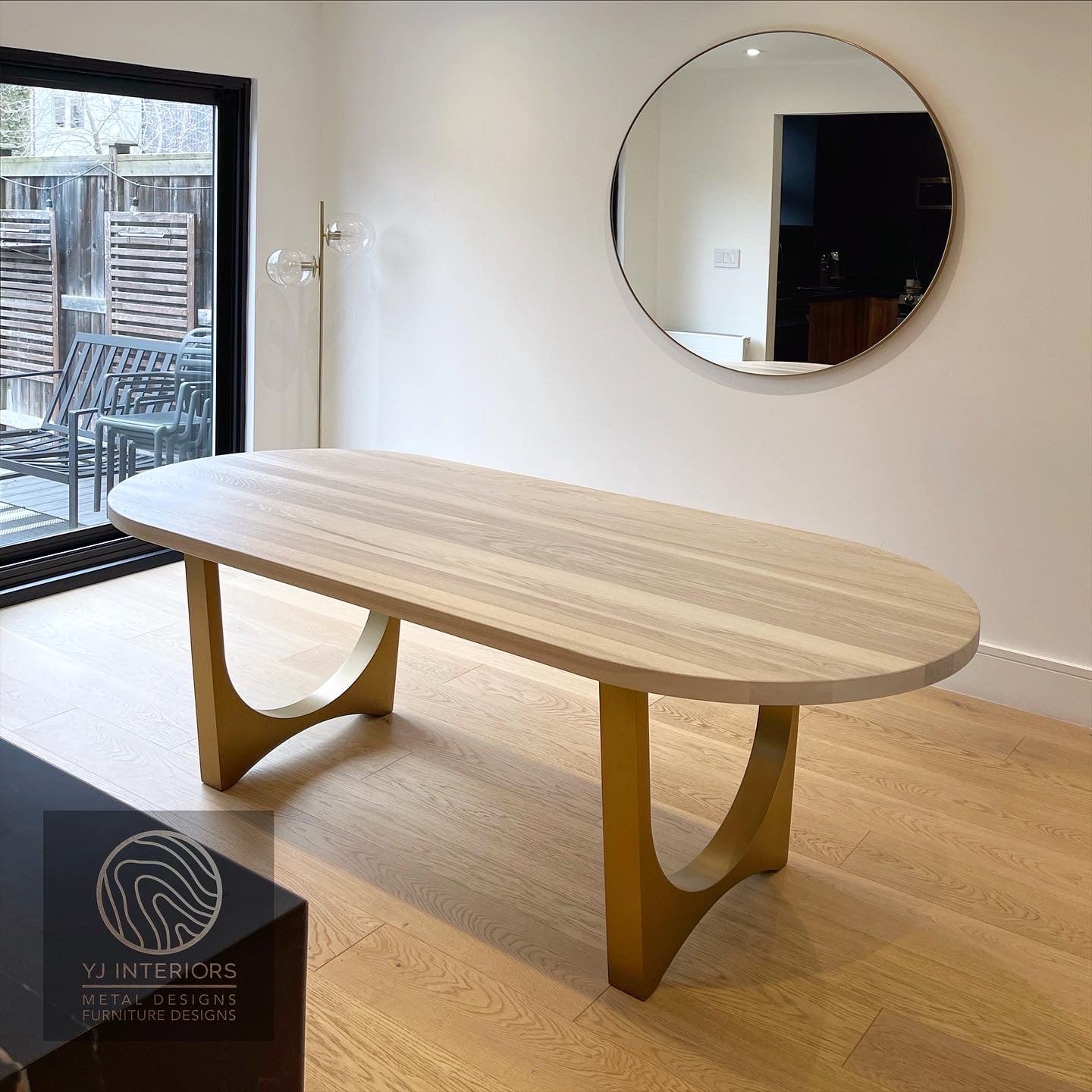 bleached oak aero oval brass table