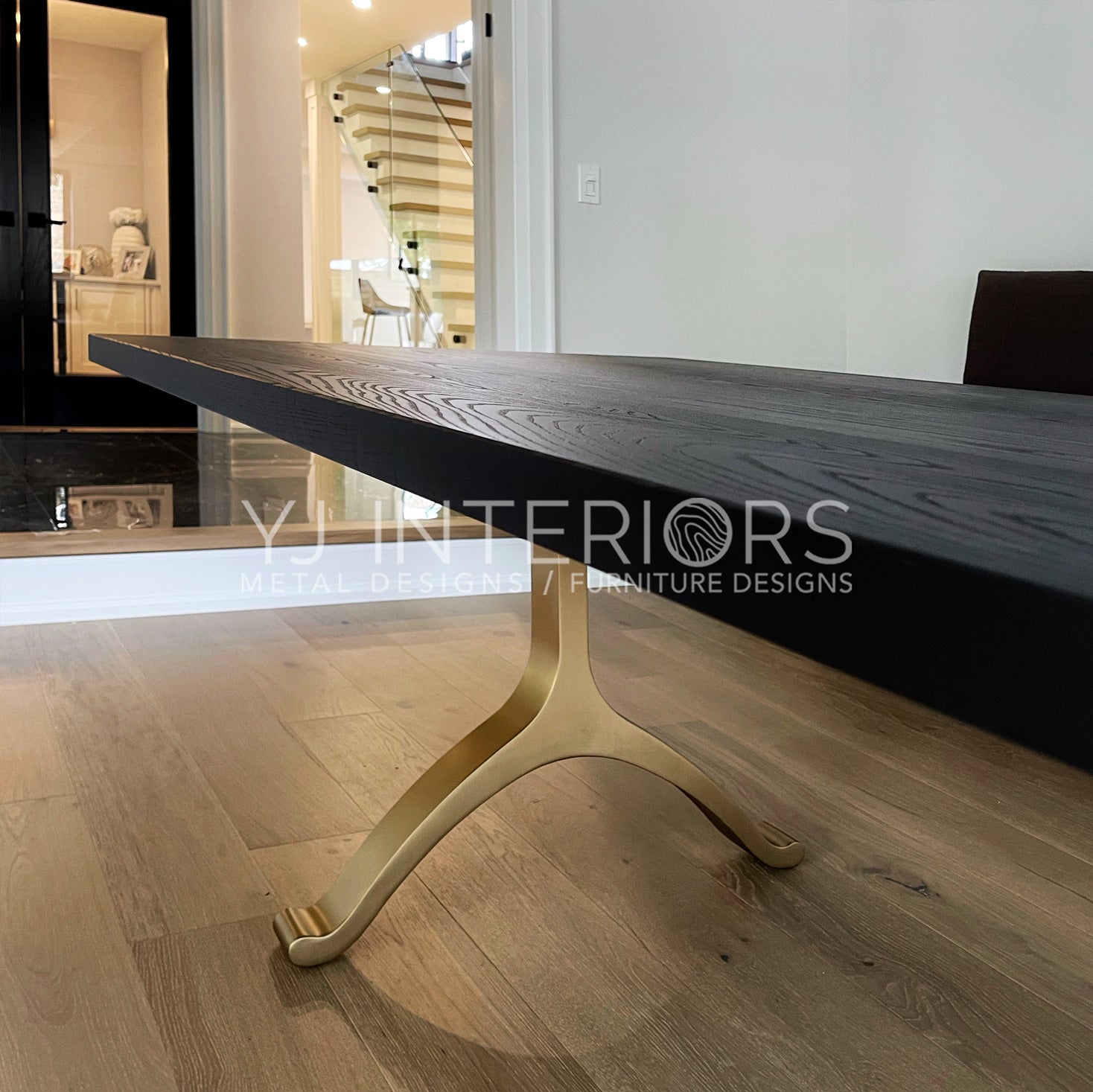 brass wishbone dining table black oak